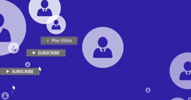 在带有紫色背景数字图标的横幅上动画社交媒体文字 全球网络 社交媒体 技术和通信概念 — 图库视频影像