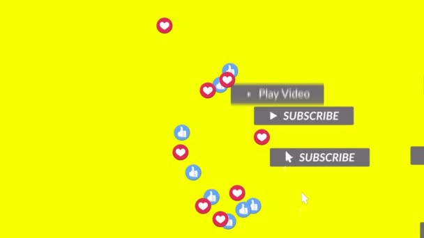 黄色の背景にデジタルアイコンとバナー上のソーシャルメディアテキストのアニメーション 世界的なネットワーキング ソーシャルメディア テクノロジー コミュニケーションの概念デジタルで生成されたビデオ — ストック動画