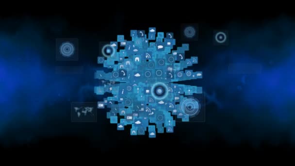 青い上に回転するデジタルアイコンの画面や地球上でスキャンスコープのアニメーション 世界規模の接続 デジタルインターフェース テクノロジーの概念デジタルで生成されたビデオ — ストック動画
