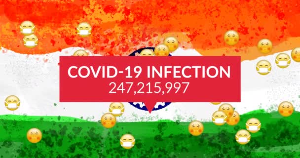 眼镜蛇19个细胞的组成和感染病例 数目在印度国旗上变化 全球Coronavirus大流行病印地安人医疗保健危机概念数码视频 — 图库视频影像