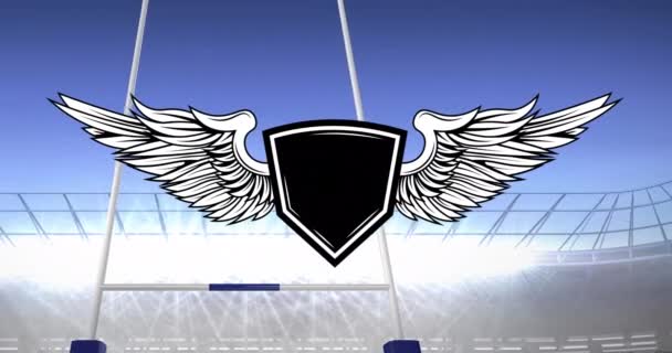 Animation Des Emblems Mit Kopierfläche Über Dem Rugby Feld Sportstadion — Stockvideo