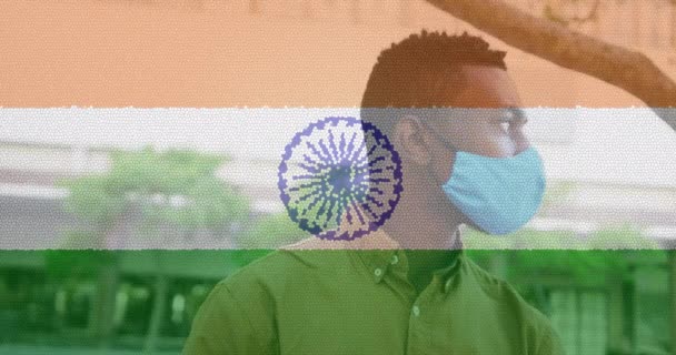 Ember Összetétele Aki Maszkot Visel Indiai Zászló Felett Globális Koronavírus — Stock videók
