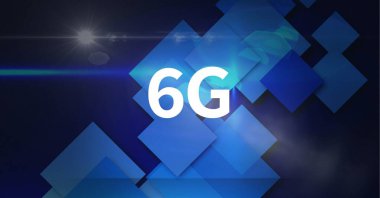 Mavi ekranlar ve ışık yollarının üzerinde 6G metin kompozisyonu. küresel ağlar, teknoloji, dijital arayüz ve dijital olarak oluşturulan iletişim konsepti.