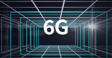 Yeşil ve beyaz yapılar ve ışık yollarının üzerinde 6G metin kompozisyonu. küresel ağlar, teknoloji, dijital arayüz ve dijital olarak oluşturulan iletişim konsepti.