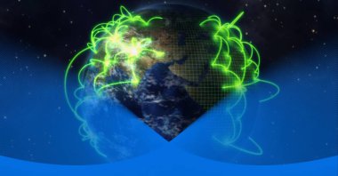 Arkaplanda gece gökyüzünde parlayan bağlantılar olan dünyanın bileşimi. küresel iş, ağ oluşturma ve bağlantılar konsepti dijital olarak oluşturulmuş görüntü.