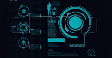 Kapsam taraması, insan ve tıbbi veri işleme kompozisyonu siyah arka plandaki ekranlarda. küresel tıp, ağ oluşturma, iş ve teknoloji konsepti dijital olarak oluşturulmuş görüntü