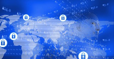 Dijital asma kilit güvenlik simgelerinin veri ve insan büstü üzerindeki bileşimi. küresel iş, teknoloji, bağlantılar ve dijital olarak oluşturulan ağ konsepti.