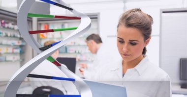 Arka planda eczane, sağlık sigortası ve ilaç konsepti olan bir eczacı için çift sarmal. dijital olarak oluşturulmuş resim