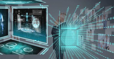 Tıbbi dijital verilerle ekrana bakan iş adamlarının ikili kodlama kompozisyonu. global tıp, iş, bağlantılar ve teknoloji konsepti dijital olarak oluşturulmuş görüntü.