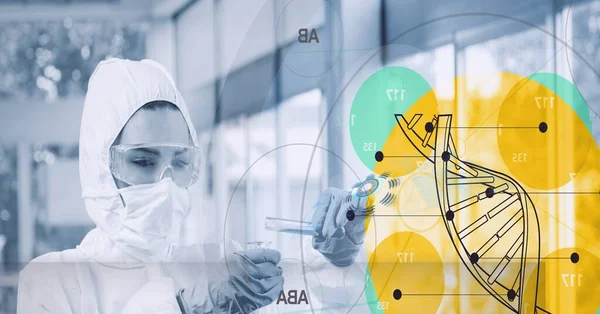 Komposition Wissenschaftlerin Anzug Mit Reagenzglas Mit Dna Und Medizinischen Ikonen — Stockfoto