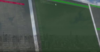 Şehir manzarası arka planında veri işleme animasyonu. küresel ağlar, bağlantılar ve teknoloji konsepti dijital olarak oluşturulmuş video.