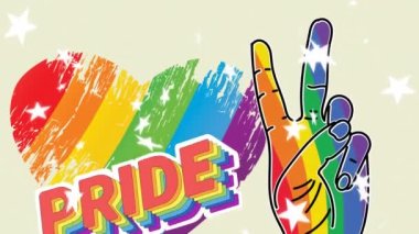 Gökkuşağı barış işareti ve bej üzerinde kayan yıldızlar üzerinde kalp şeklinde kelime gururu animasyonu. lgbt gurur ve eşitlik kutlaması konsepti, dijital olarak oluşturulmuş video.