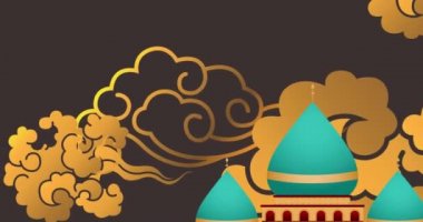 Siyah üzerinde asılı ay, lamba ve bulut sembolleri olan Arap tarzı çatıların animasyonu. Müslüman Arap geleneksel festival konsepti, dijital olarak üretilen video.