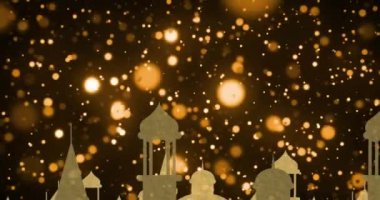 Altın Arap tarzı çatıların, ayın, lambaların ve yıldızların animasyonu. Müslüman Arap geleneksel festival konsepti, dijital olarak üretilen video.