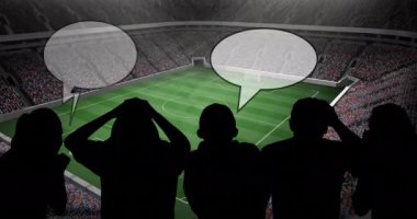 Spor stadyumu arka planında konuşma baloncukları olan spor hayranlarının silueti. spor ve yarışma konsepti dijital olarak oluşturulmuş video.