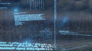 Şehrin mavi arka planında veri işleme animasyonu. küresel ağlar, bağlantılar ve teknoloji konsepti dijital olarak oluşturulmuş video.