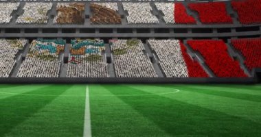 Spor stadyumundaki boş futbol sahasında Meksika bayrağı animasyonu. spor ve şampiyonluk konsepti dijital olarak üretilen video.