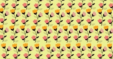 Sarı arka planda çok renkli çiçeklerin canlandırması. örüntü, bahar, yaz, doğa ve renk konsepti dijital olarak oluşturulmuş video.