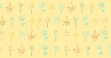 Sarı arka planda çok renkli çiçeklerin canlandırması. örüntü, bahar, yaz, doğa ve renk konsepti dijital olarak oluşturulmuş video.