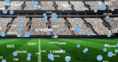 Spor stadyumundaki boş stantların üzerinden bağlantı ve metin ağı animasyonu. küresel ağ, spor ve şampiyonluk konsepti dijital olarak oluşturulmuş video.