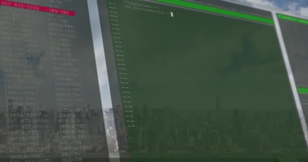 Animáció Adatfeldolgozás Képernyőn Városkép Háttér Globális Hálózatok Kapcsolatok Technológiai Koncepció — Stock videók