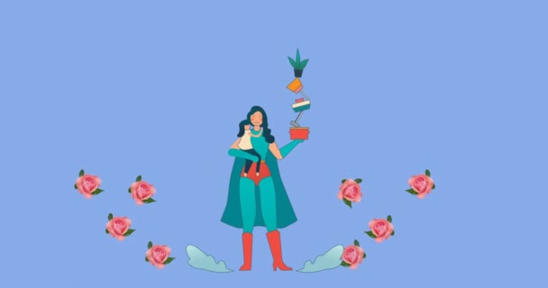 Animation Superhero Mother Holding Daughter Balancing Items Pink Flowers Blue — Stock Video