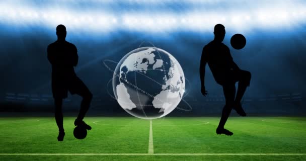 Animation Silhouettes Football Players Kicking Ball Globe Sports Stadium Sports — Stock Video