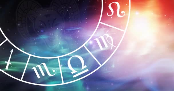 Animation Des Steinbock Sternzeichensymbols Sich Drehenden Horoskoprad Über Glühenden Sternen — Stockvideo