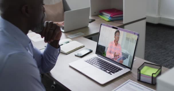 African American Senior Man Having Video Call Male Colleague Laptop — Stock Video