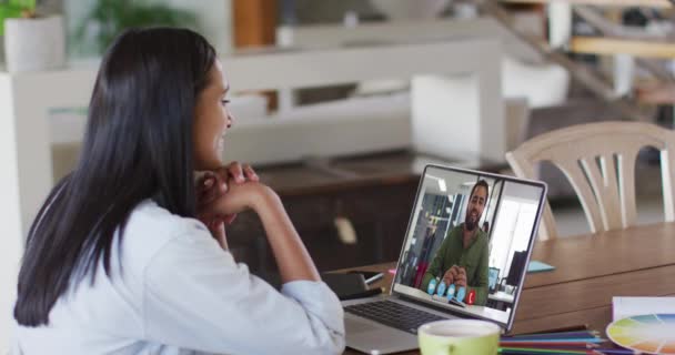 Mixed Race Businesswoman Sitting Table Using Laptop Having Video Call — Stock Video