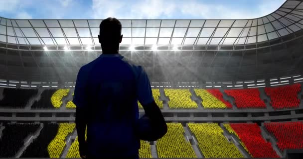 Animatie Van Achteruitkijkspiegel Van Voetbalspeler Die Het Sportstadion Een Bal — Stockvideo