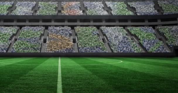 スポーツスタジアムでの空のサッカーピッチのアニメーション スポーツとチャンピオンシップのコンセプトをデジタルで生成し — ストック動画