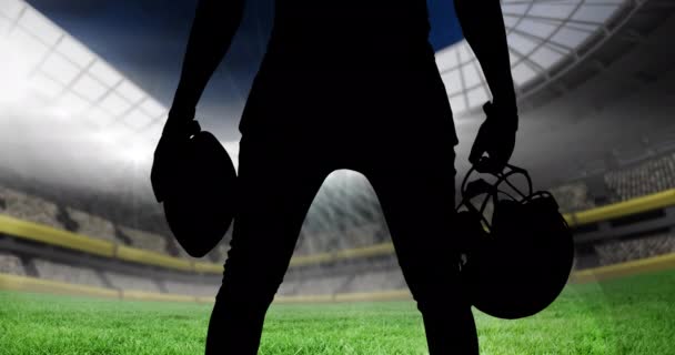 Animacja Sylwetki Amerykańskiego Piłkarza Nad Stadionem Sportowym Wydarzenie Sportowe Koncepcja — Wideo stockowe