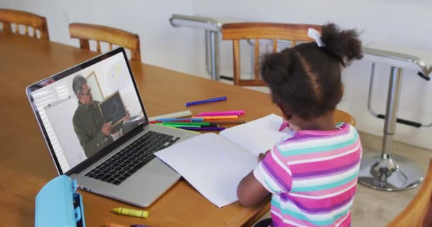 アフリカ系アメリカ人の少女が机の上に座ってオンラインの学校の授業を受けている 隔離中に隔離された家で — ストック動画