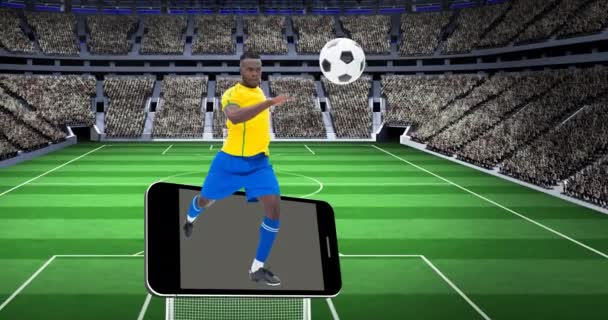 Animación Del Jugador Fútbol Pateando Pelota Sobre Smartphone Estadio Deportivo — Vídeos de Stock