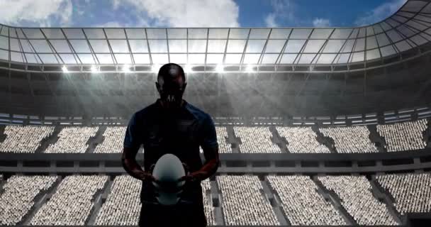 Animation Eines Rugby Spielers Der Ball Über Sportstadion Hält Sportereignis — Stockvideo