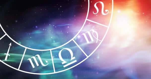 Sammansättning Leo Stjärna Tecken Symbol Snurrande Zodiac Hjul Över Glödande — Stockvideo