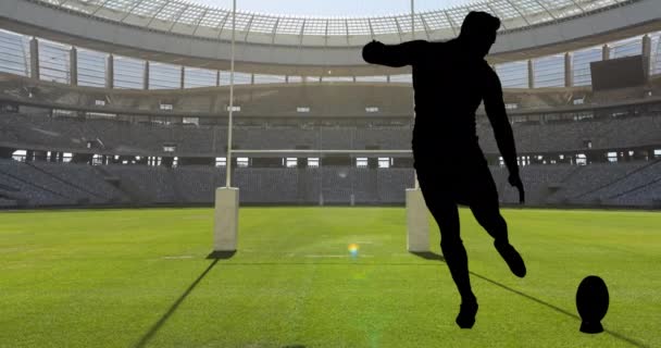 Animation Der Silhouetten Männlicher Rugbyspieler Über Dem Sportstadion Sportereignis Und — Stockvideo