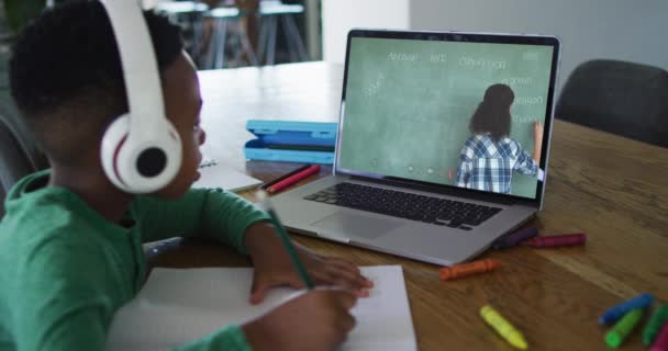 Afroameričan Dělá Domácí Úkoly Zatímco Videohovor Učitelkou Notebooku Doma Distanční — Stock video