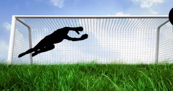 Animation Silhouette Football Goalkeeper Catching Ball Net Sky Sports Event — Stock Video