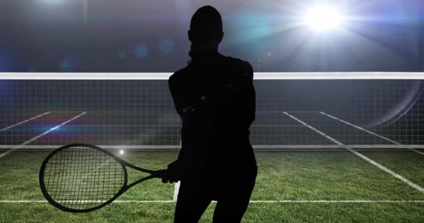 Animation Siluett Kvinnlig Tennisspelare Med Racket Tennisbana Idrottsevenemang Och Tävlingskoncept — Stockvideo