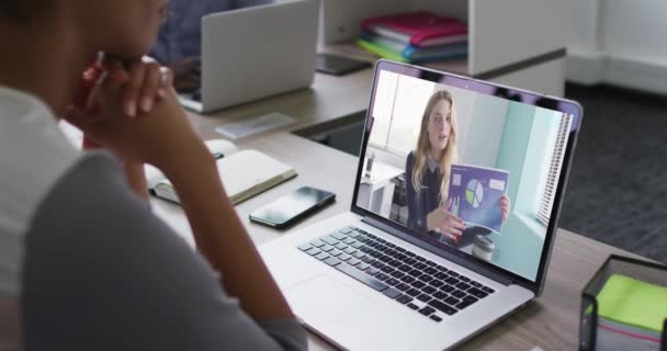 Środkowa Część Afrykańskiej Amerykanki Która Rozmowę Wideo Laptopie Koleżanką Biura — Wideo stockowe