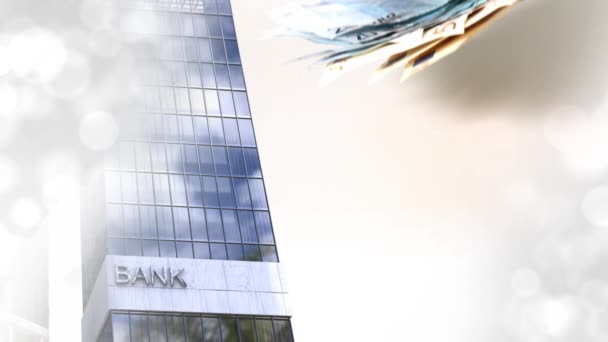 Animatie Van Eurobankbiljetten Die Vallen Boven Modern Bankgebouw Mondiaal Bedrijfs — Stockvideo