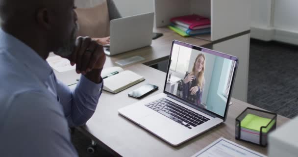 African American Businessman Sitting Desk Using Laptop Having Video Call — Stock Video