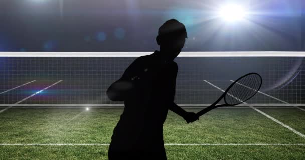 Animation Silhuett Manlig Tennisspelare Med Racket Tennisbana Idrottsevenemang Och Tävlingskoncept — Stockvideo