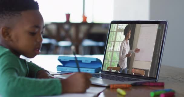 Afroamerikansk Pojke Sitter Vid Skrivbordet Med Laptop Har Online Skola — Stockvideo