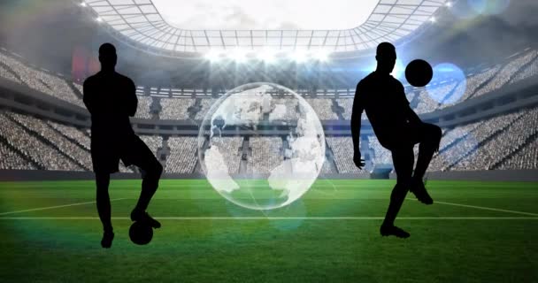 Animation Silhouettes Football Players Kicking Ball Globe Sports Stadium Sports — Stock Video