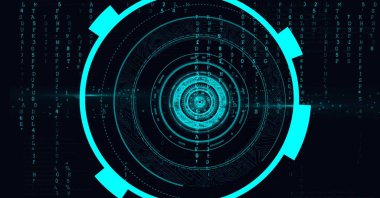 Ekranda tarama ve veri işleme bileşimi. küresel teknoloji ve dijital arayüz kavramı dijital olarak oluşturulmuş görüntü.