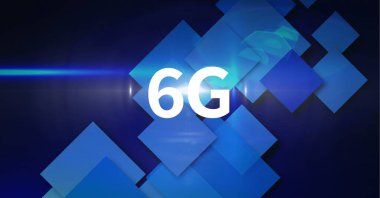 Mavi ekranlar ve ışık yollarının üzerinde 6G metin kompozisyonu. küresel ağlar, teknoloji, dijital arayüz ve dijital olarak oluşturulan iletişim konsepti.