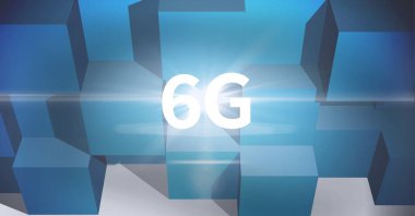 Mavi küpler ve ışık yollarının üzerinde 6G metin kompozisyonu. küresel ağlar, teknoloji, dijital arayüz ve dijital olarak oluşturulan iletişim konsepti.